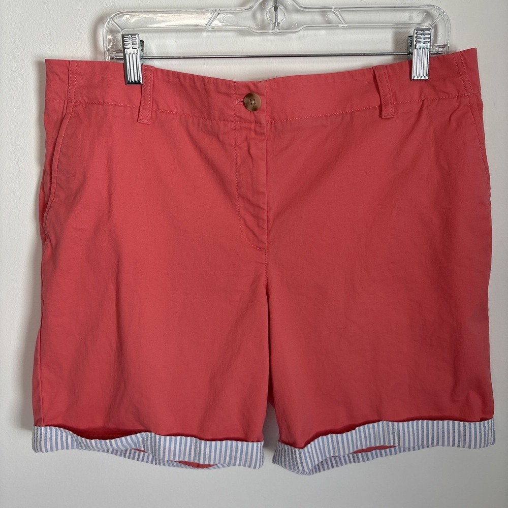 Talbots Chino Shorts Women's 12 Pink Seersucker Trim‎ Relaxed Cotton Nautical